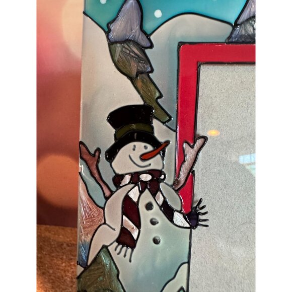 Stained Glass Style Snowman Picture Frame – approx 6.5” x 8” – Holiday Winter Dé - Picture 8 of 9